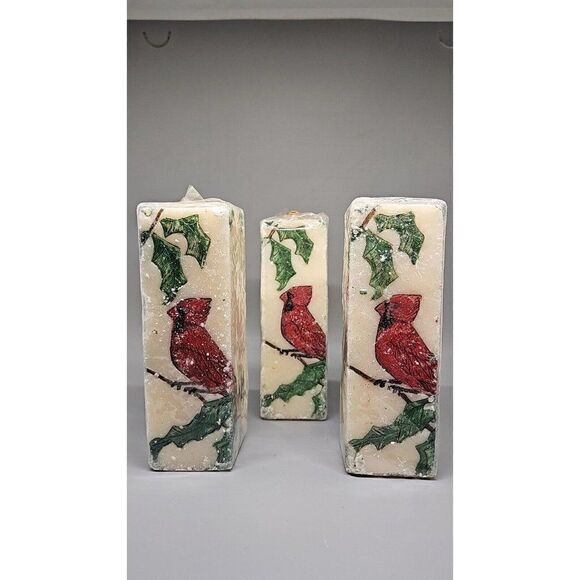 Set Of (3) Vintage Bill Blass Cardinal Pillar Candles Height 5 7/8" Unburned - Picture 1 of 7